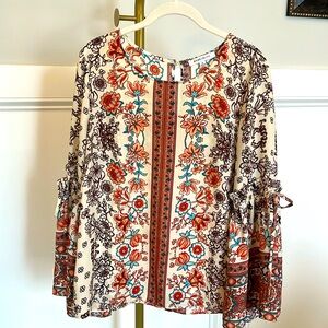 NWOT Rose + Olive Cream & Orange and Brown Floral Bell Sleeve Blouse size M
